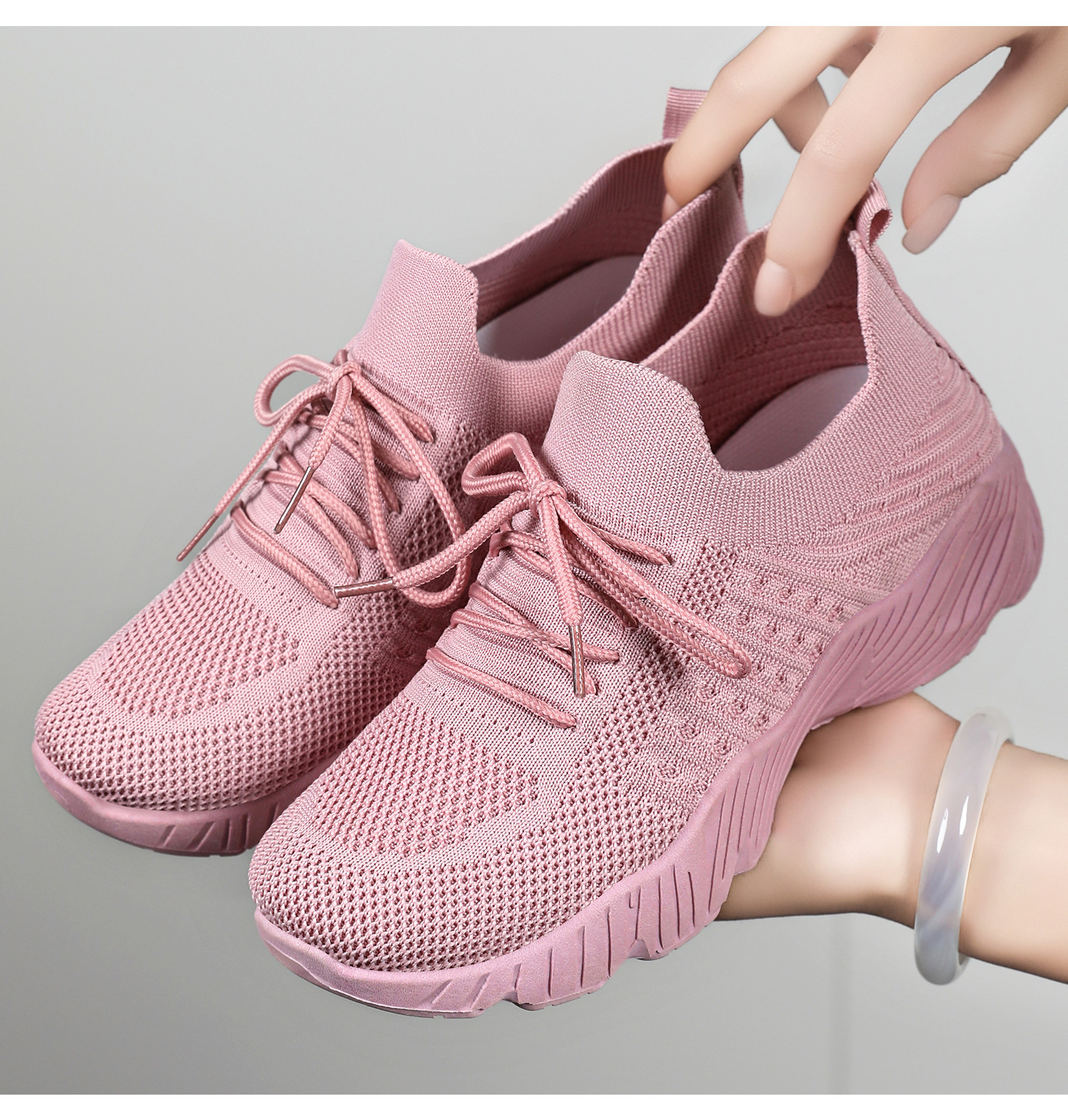 Women's Flyknit Platform Sneakers, Solid Color Lace-Up Casual Shoes with Height Increase