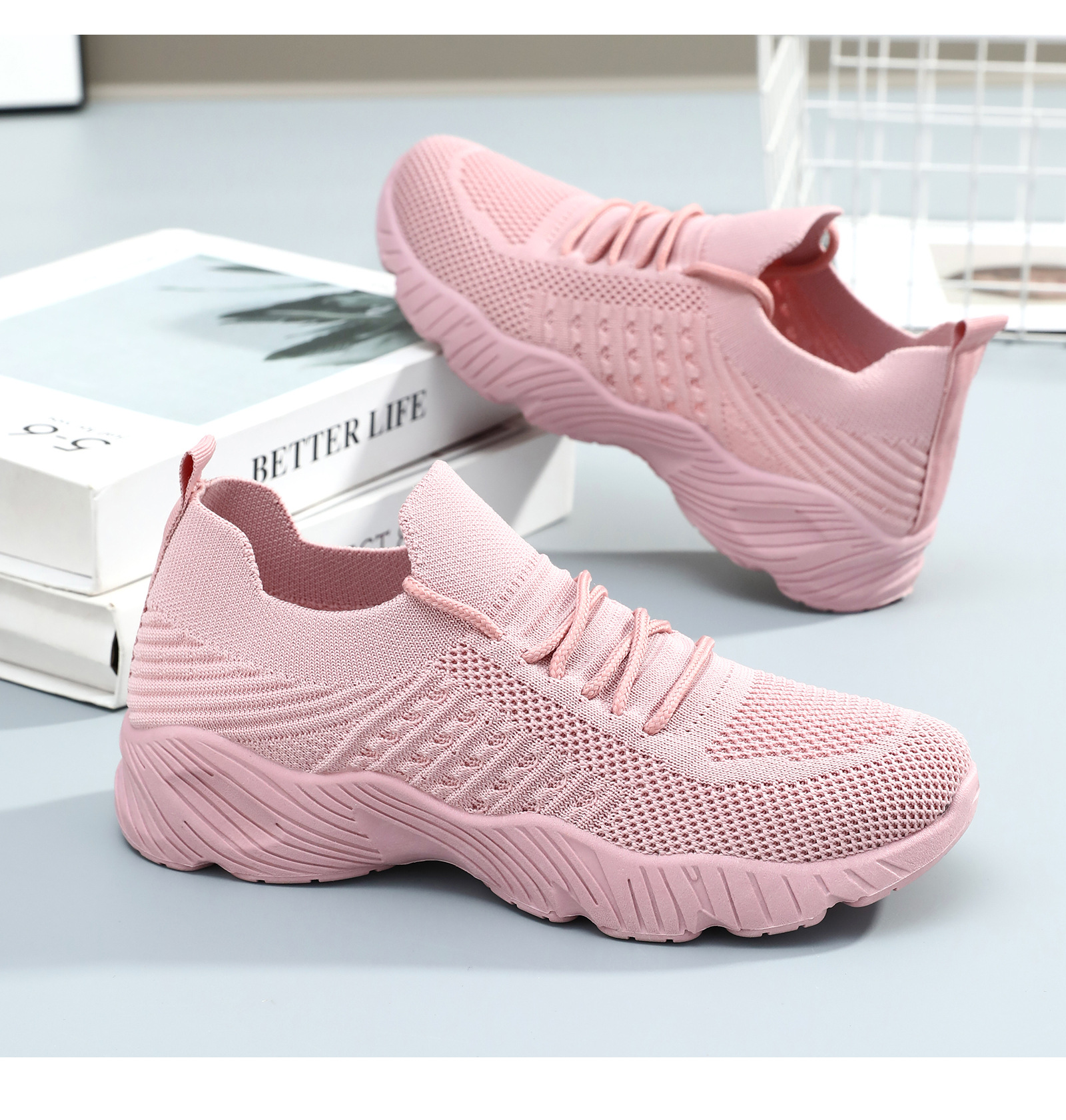 Women's Flyknit Platform Sneakers, Solid Color Lace-Up Casual Shoes with Height Increase