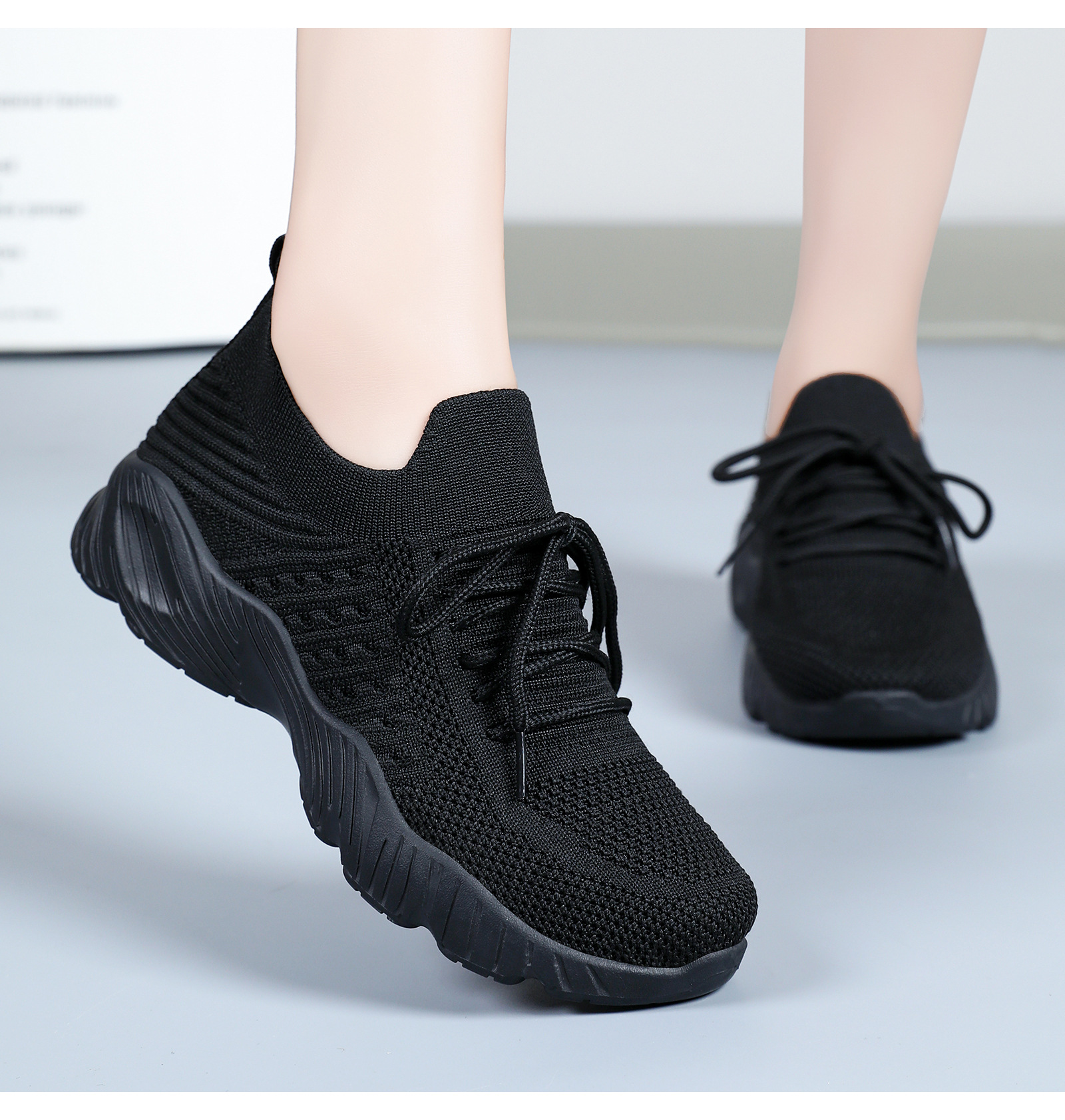 Women's Flyknit Platform Sneakers, Solid Color Lace-Up Casual Shoes with Height Increase