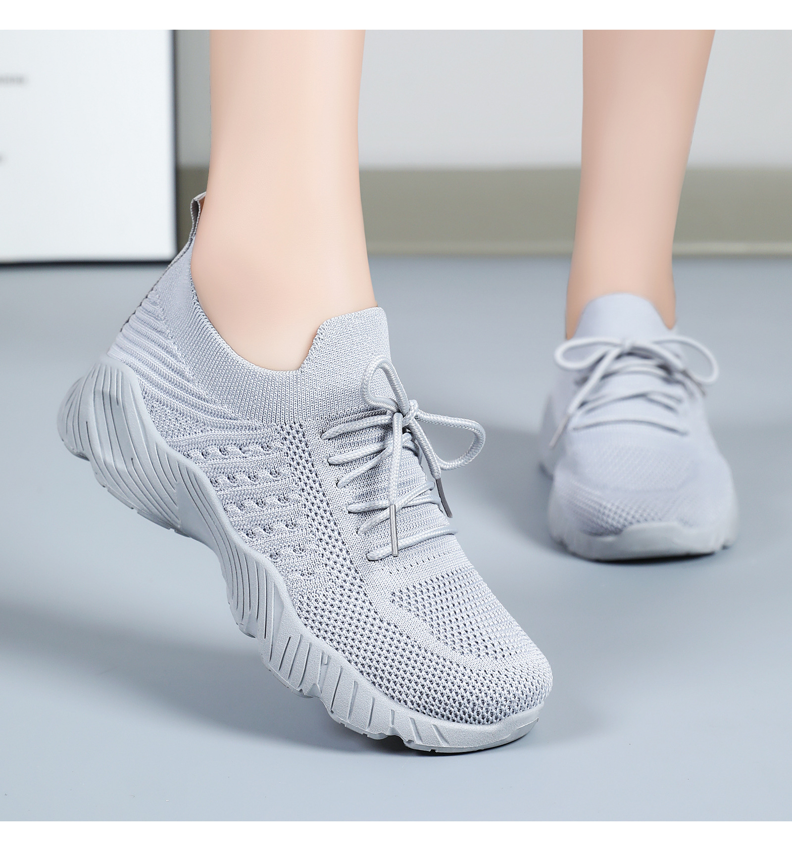 Women's Flyknit Platform Sneakers, Solid Color Lace-Up Casual Shoes with Height Increase