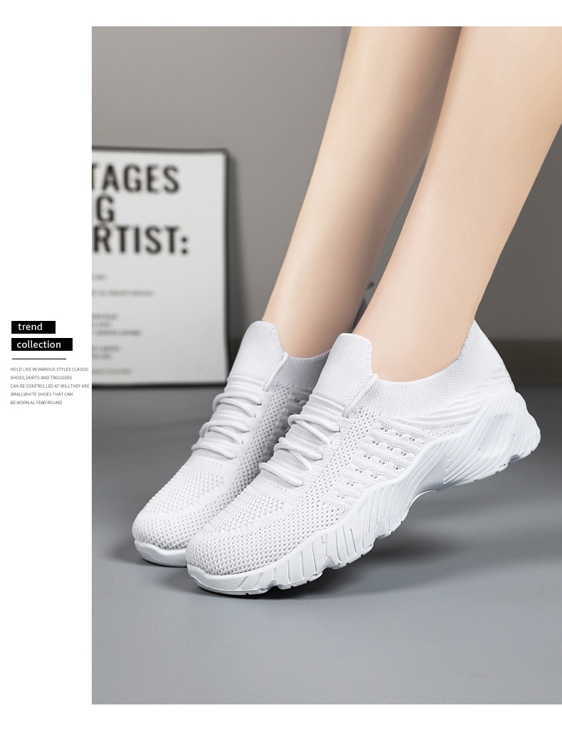 Women's Flyknit Platform Sneakers, Solid Color Lace-Up Casual Shoes with Height Increase