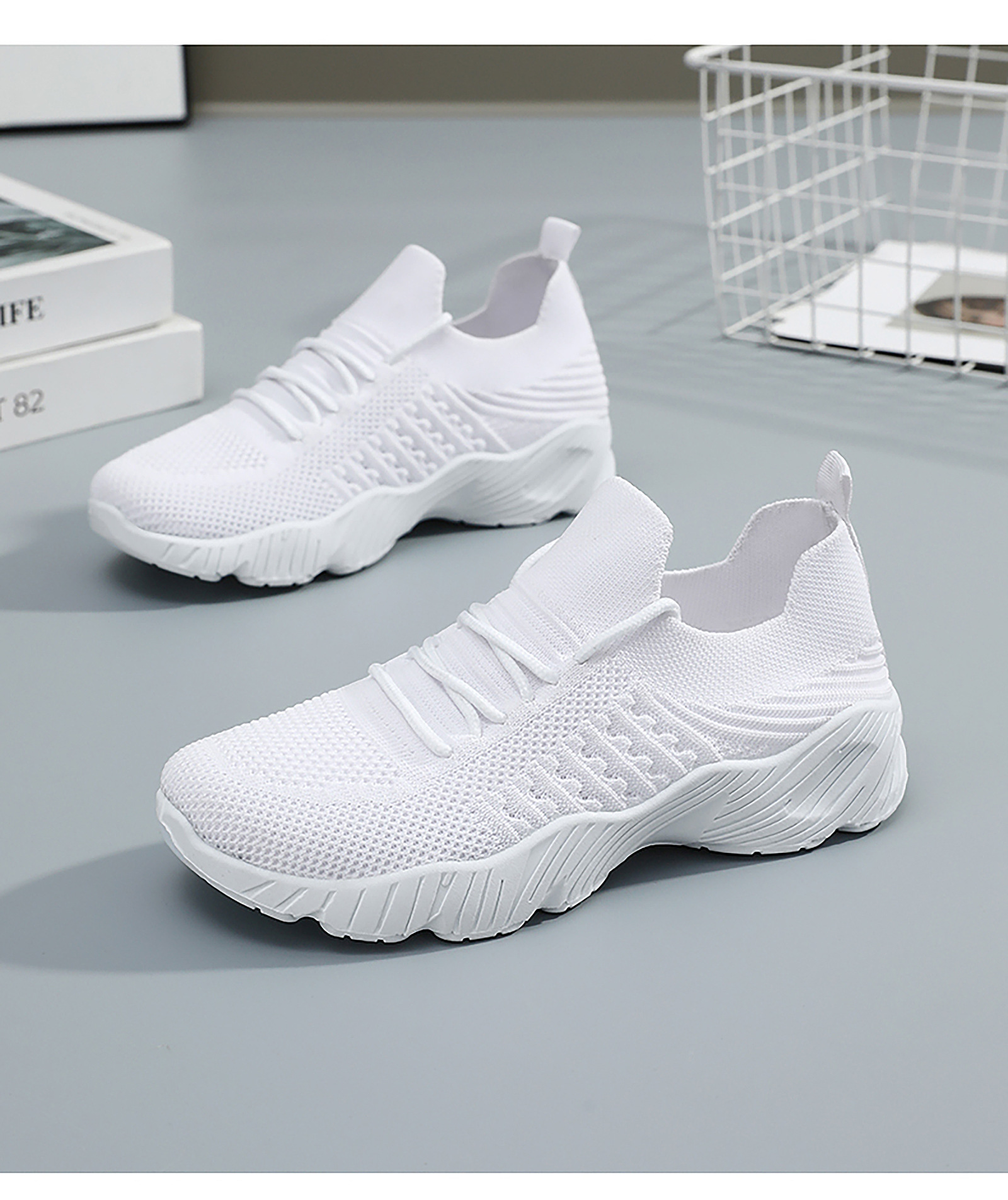 Women's Flyknit Platform Sneakers, Solid Color Lace-Up Casual Shoes with Height Increase