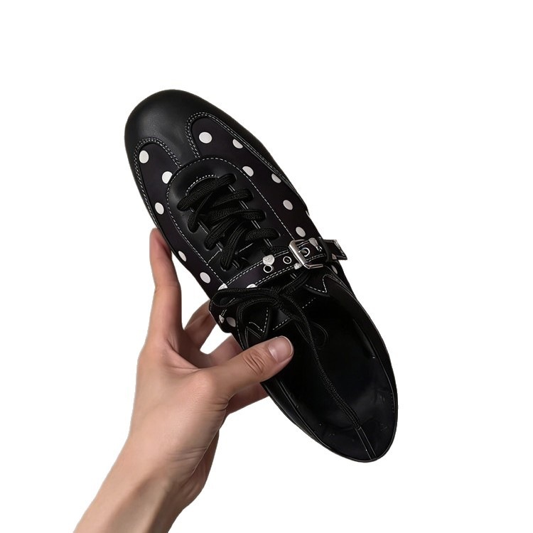 Women's Leather Low Top Sneakers with Polka Dot Pattern, Round Toe Casual Shoes