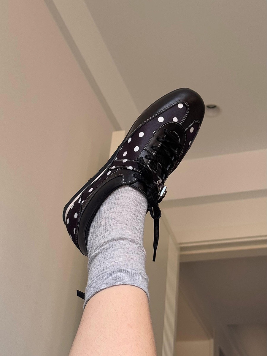 Women's Leather Low Top Sneakers with Polka Dot Pattern, Round Toe Casual Shoes