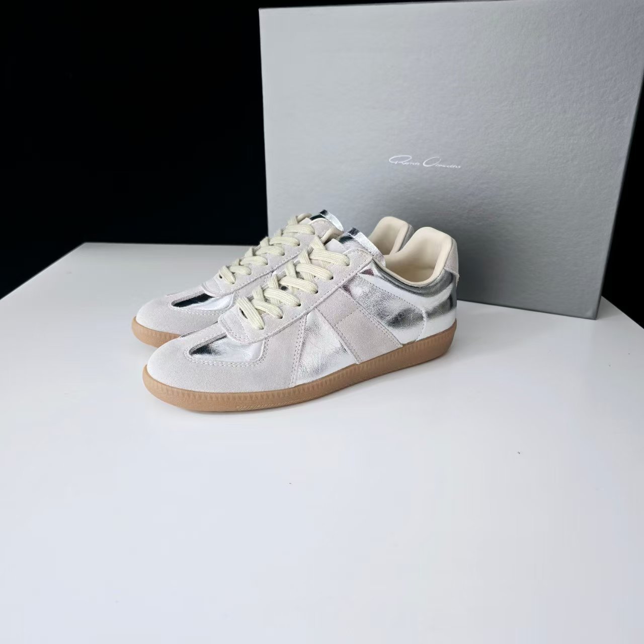Women's Genuine Leather German Army Trainer Sneakers, Low Heel Casual Skate Shoes for Summer
