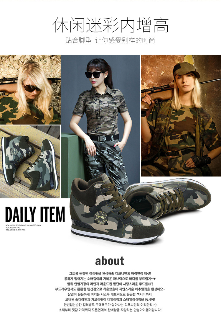 Women Camouflage Canvas Sneakers with Height Increase, Lightweight Lace-Up Casual Shoes
