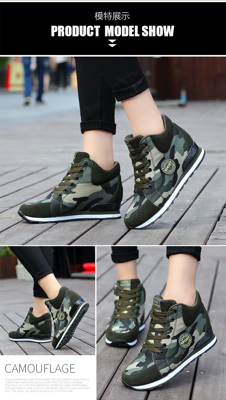 Women Camouflage Canvas Sneakers with Height Increase, Lightweight Lace-Up Casual Shoes