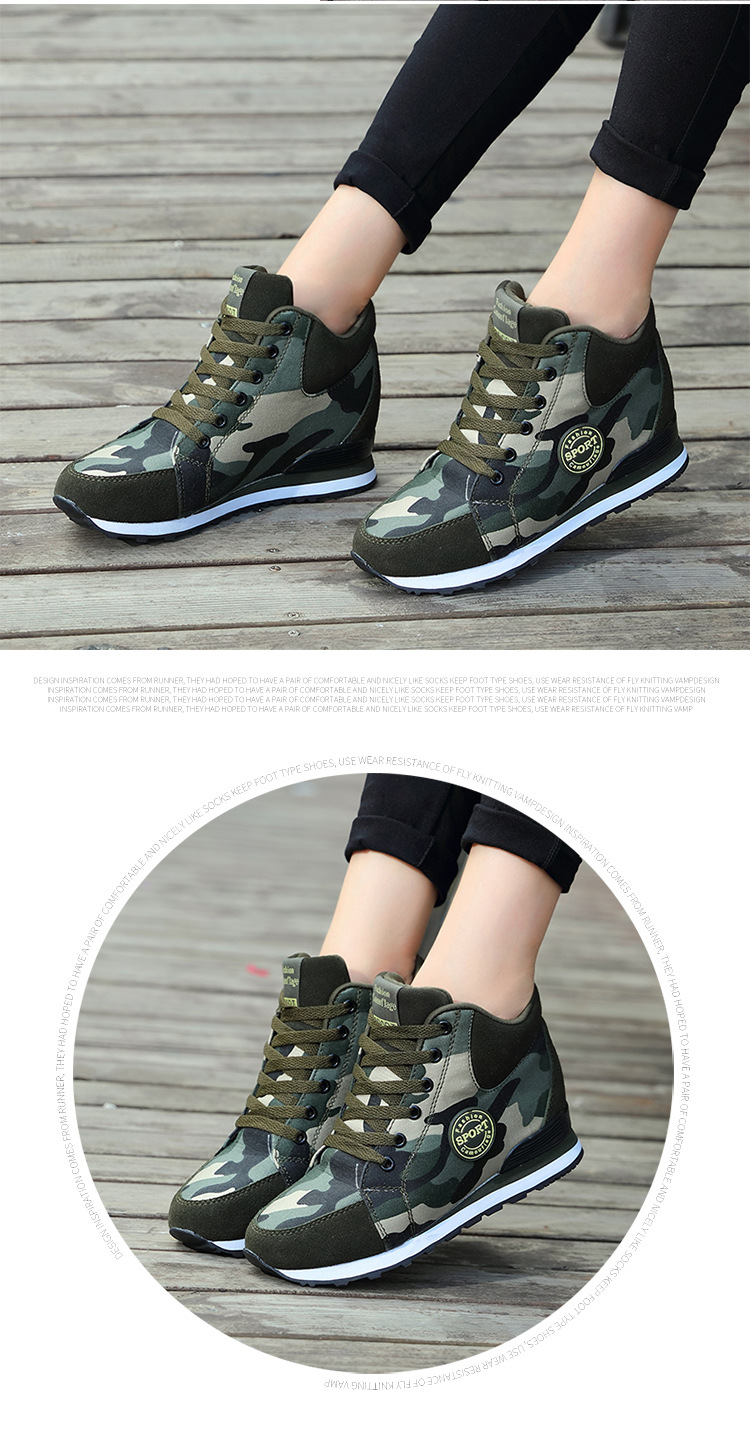 Women Camouflage Canvas Sneakers with Height Increase, Lightweight Lace-Up Casual Shoes