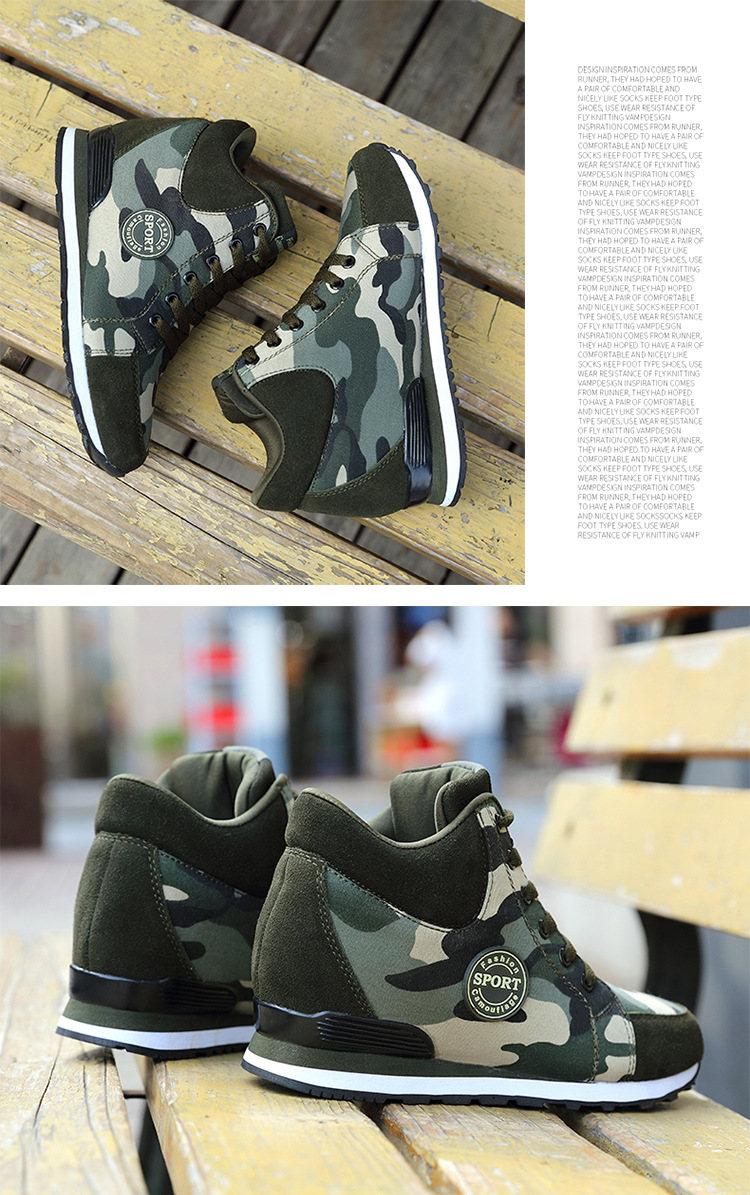Women Camouflage Canvas Sneakers with Height Increase, Lightweight Lace-Up Casual Shoes