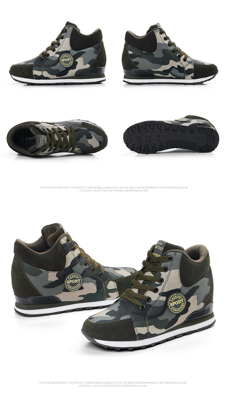 Women Camouflage Canvas Sneakers with Height Increase, Lightweight Lace-Up Casual Shoes