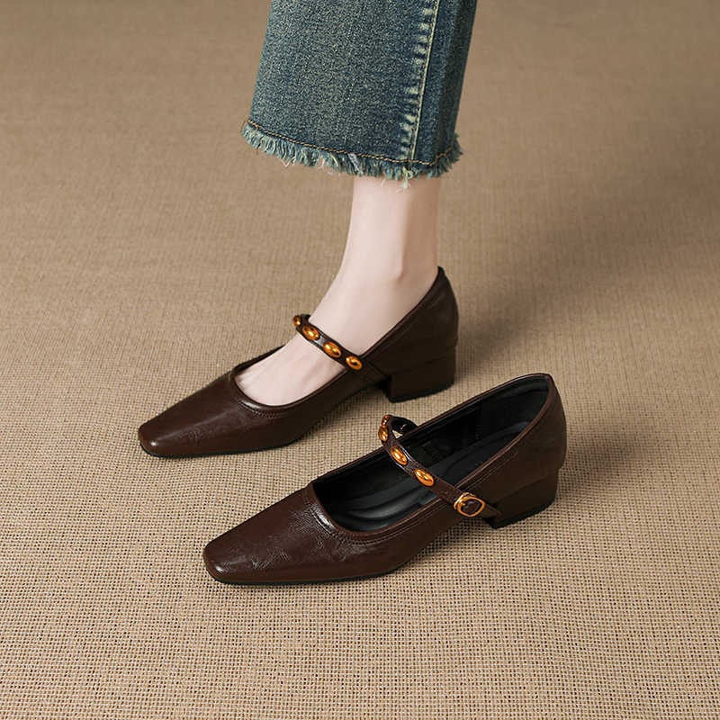 Women's Retro Square Toe Mary Jane Shoes with Buckle Strap, Low Heel Soft Sole Flats for Spring Summer Fall