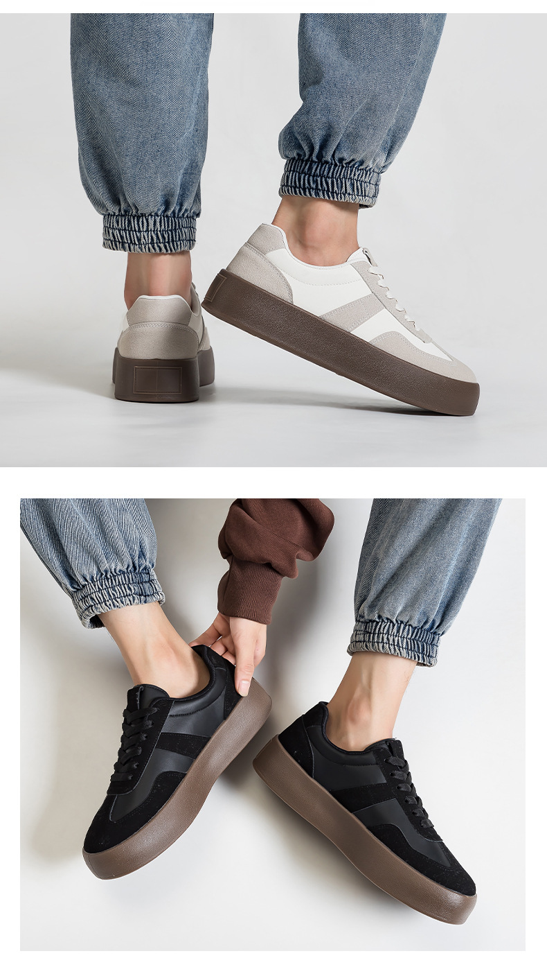 Unisex PU Leather Sneakers with Thick Sole, Lace-Up Casual Walking Shoes for Spring Summer Autumn