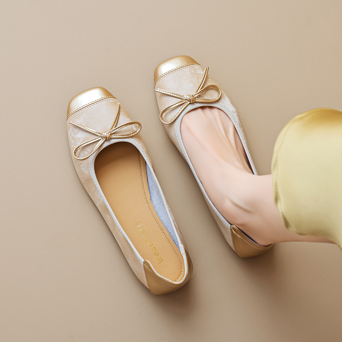 Women's Silver Ballet Flats with Bow, Square Toe Slip-On Low Heel Shoes for Spring Summer Autumn