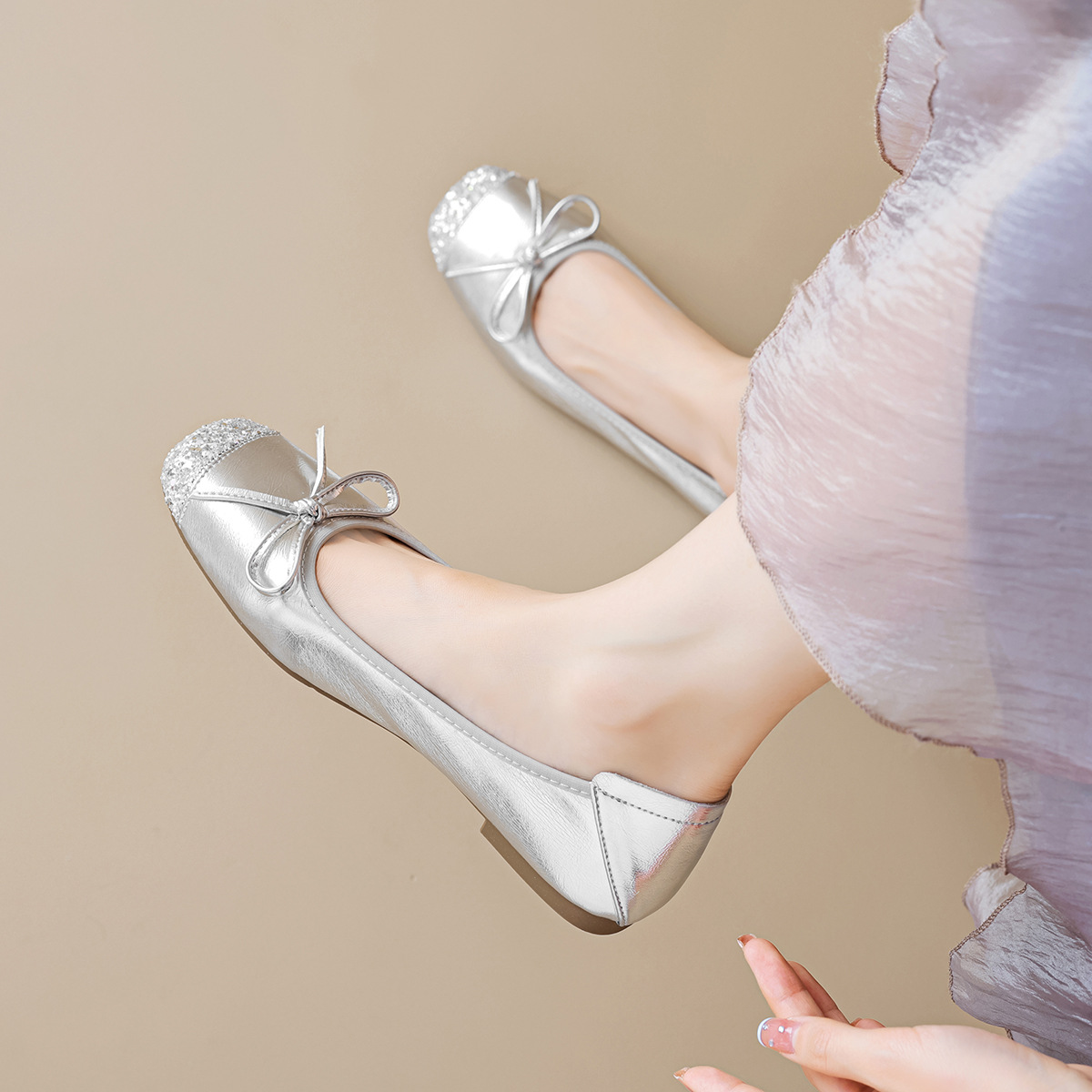 Women's Silver Ballet Flats with Bow, Square Toe Slip-On Low Heel Shoes for Spring Summer Autumn
