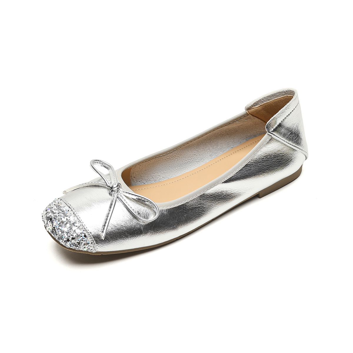 Women's Silver Ballet Flats with Bow, Square Toe Slip-On Low Heel Shoes for Spring Summer Autumn