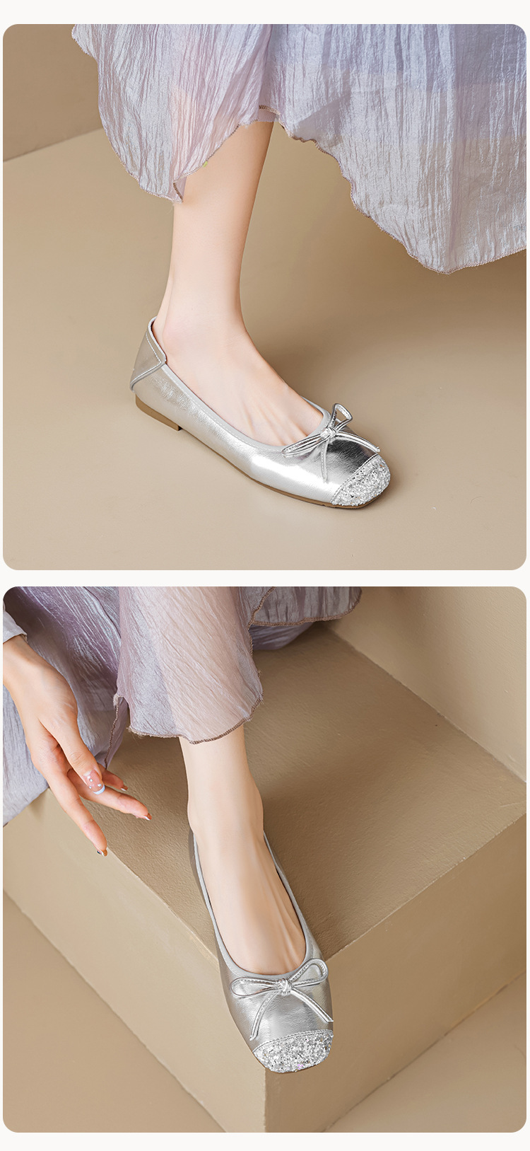 Women's Silver Ballet Flats with Bow, Square Toe Slip-On Low Heel Shoes for Spring Summer Autumn