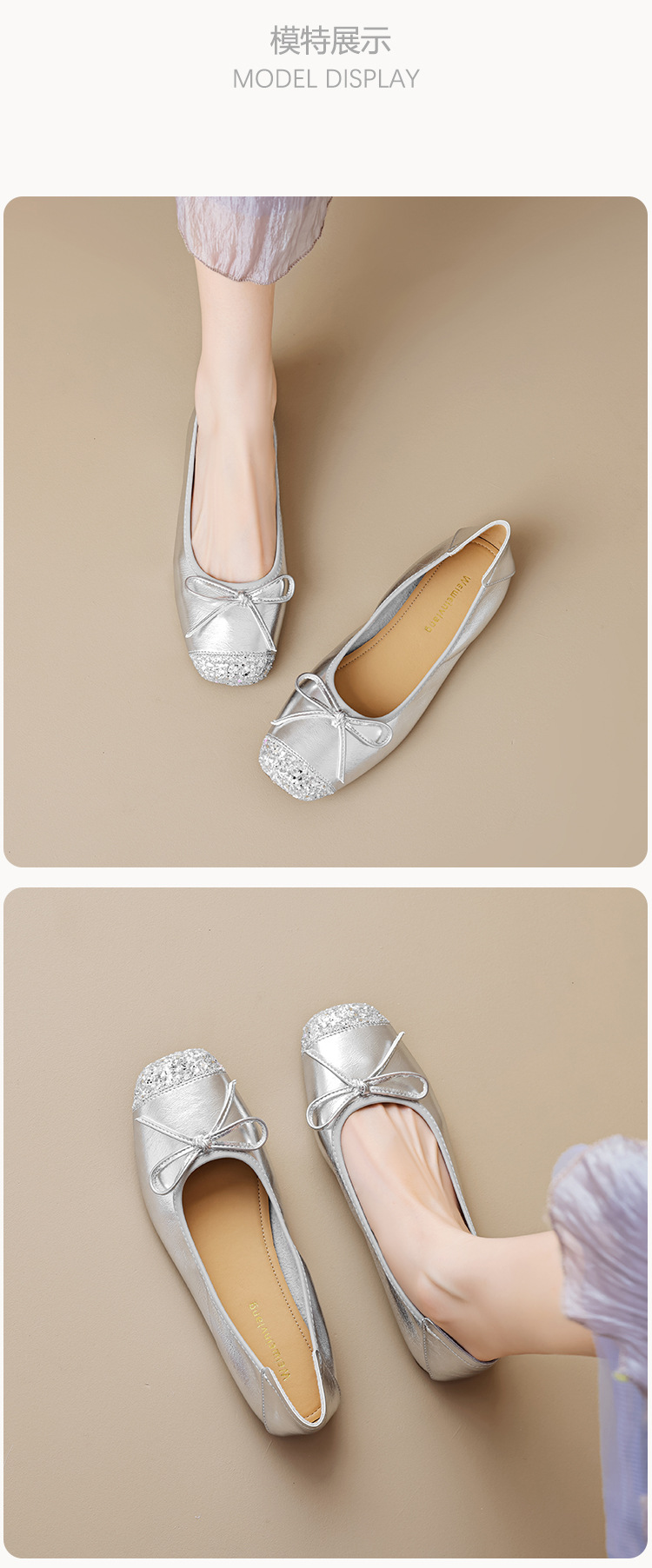 Women's Silver Ballet Flats with Bow, Square Toe Slip-On Low Heel Shoes for Spring Summer Autumn