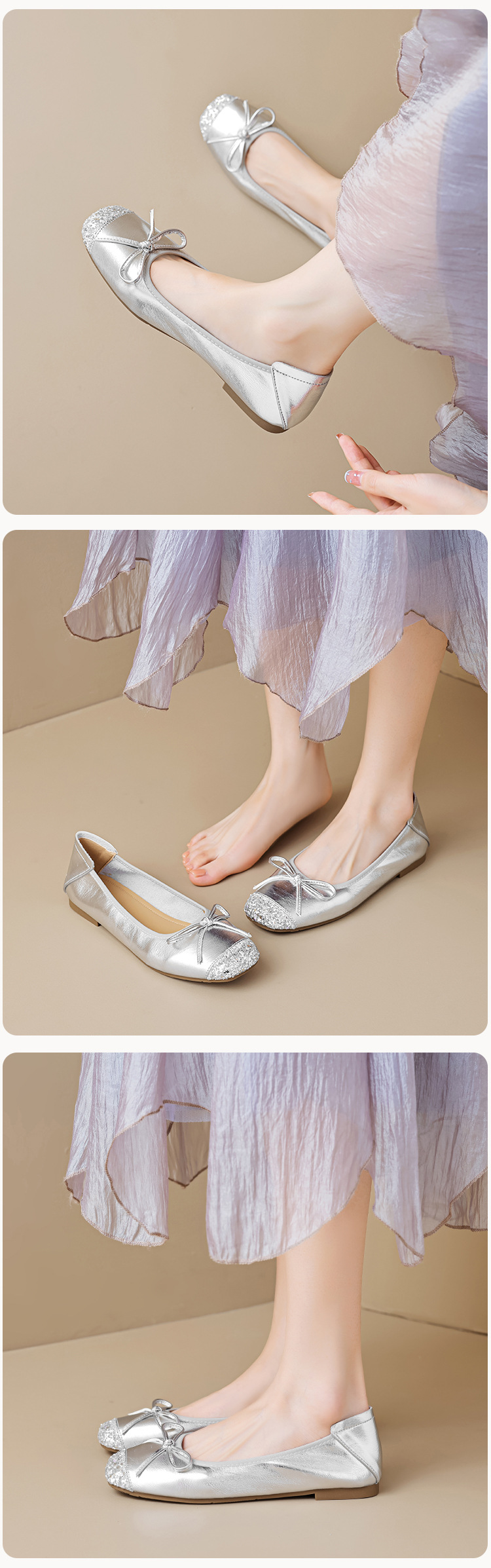 Women's Silver Ballet Flats with Bow, Square Toe Slip-On Low Heel Shoes for Spring Summer Autumn