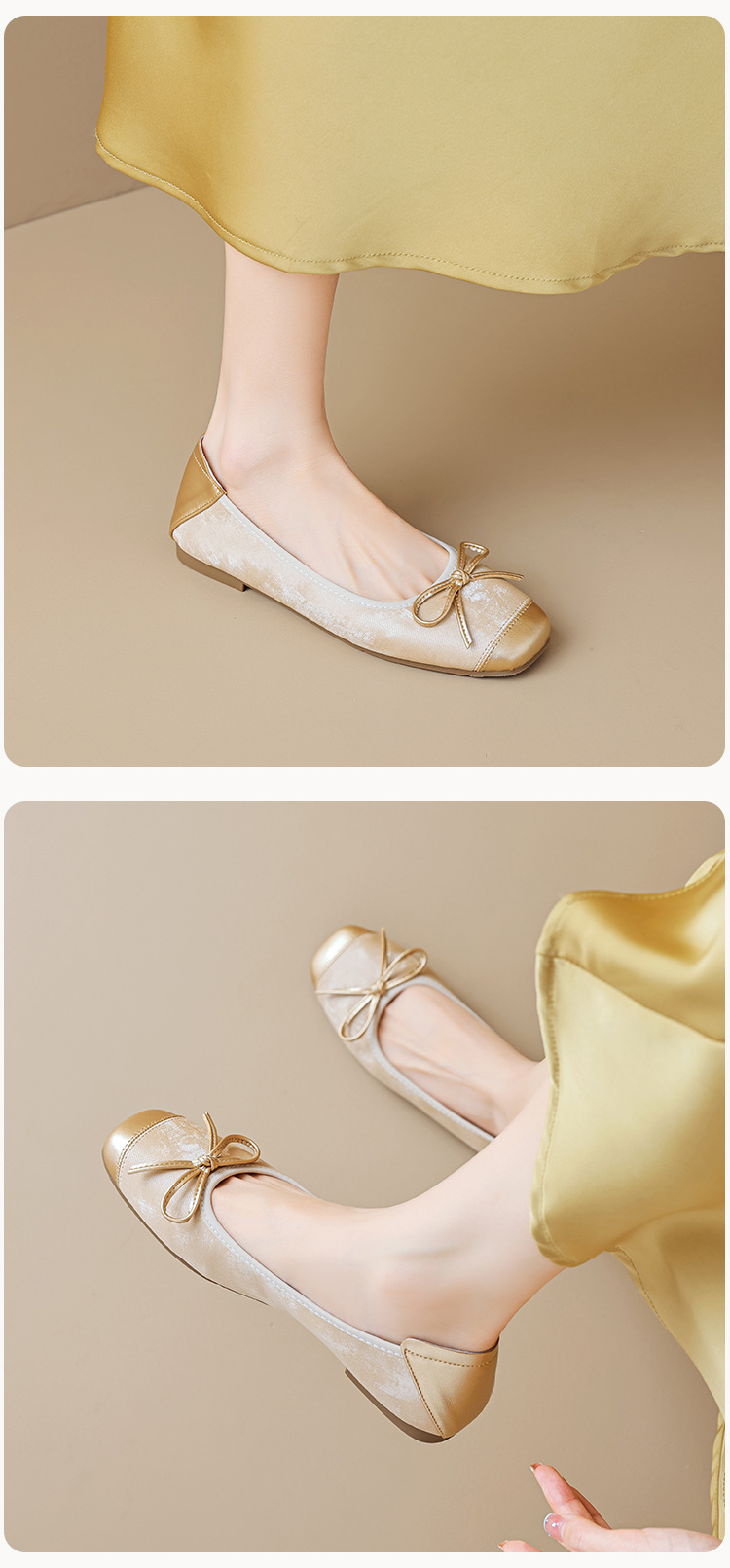 Women's Silver Ballet Flats with Bow, Square Toe Slip-On Low Heel Shoes for Spring Summer Autumn