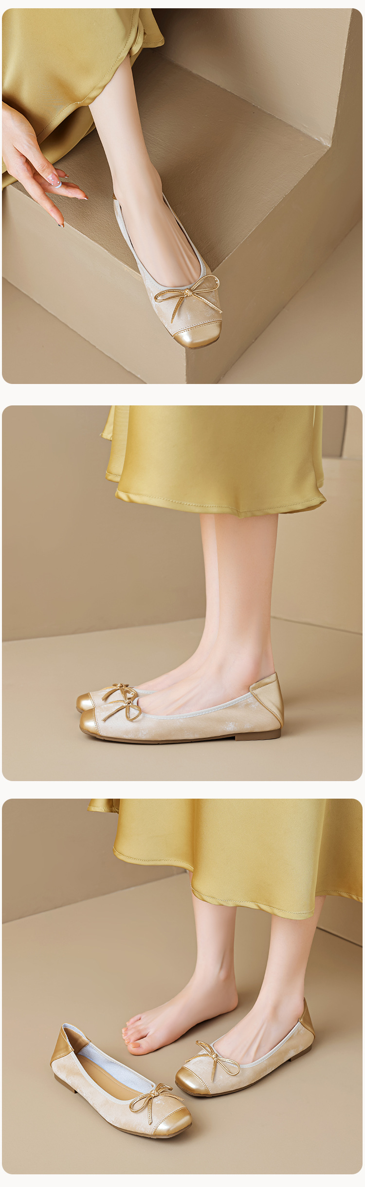 Women's Silver Ballet Flats with Bow, Square Toe Slip-On Low Heel Shoes for Spring Summer Autumn