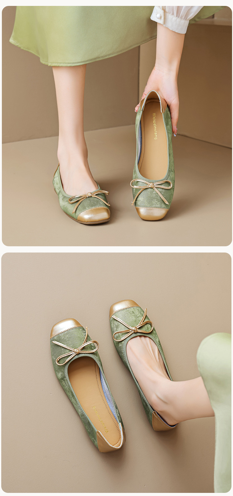Women's Silver Ballet Flats with Bow, Square Toe Slip-On Low Heel Shoes for Spring Summer Autumn
