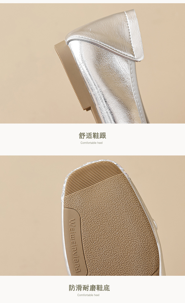 Women's Silver Ballet Flats with Bow, Square Toe Slip-On Low Heel Shoes for Spring Summer Autumn