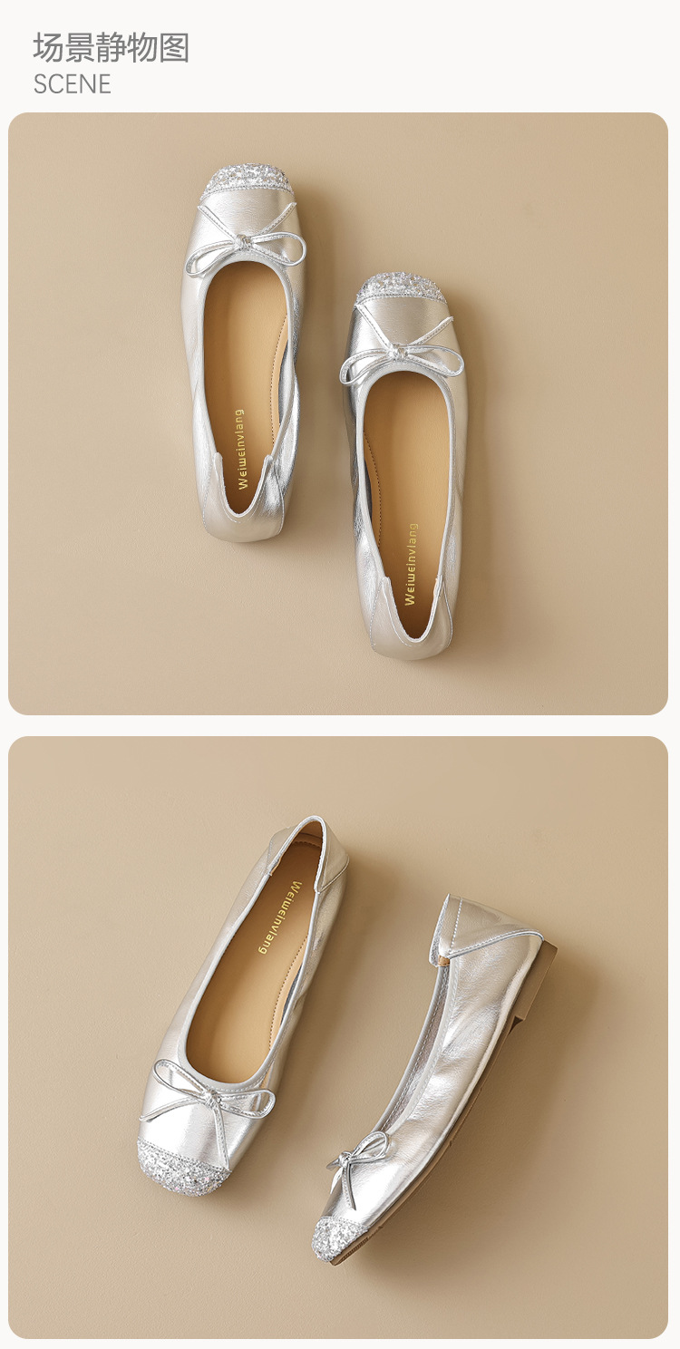 Women's Silver Ballet Flats with Bow, Square Toe Slip-On Low Heel Shoes for Spring Summer Autumn