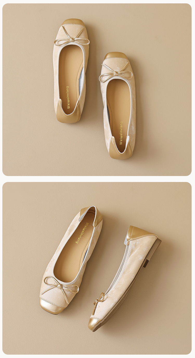 Women's Silver Ballet Flats with Bow, Square Toe Slip-On Low Heel Shoes for Spring Summer Autumn