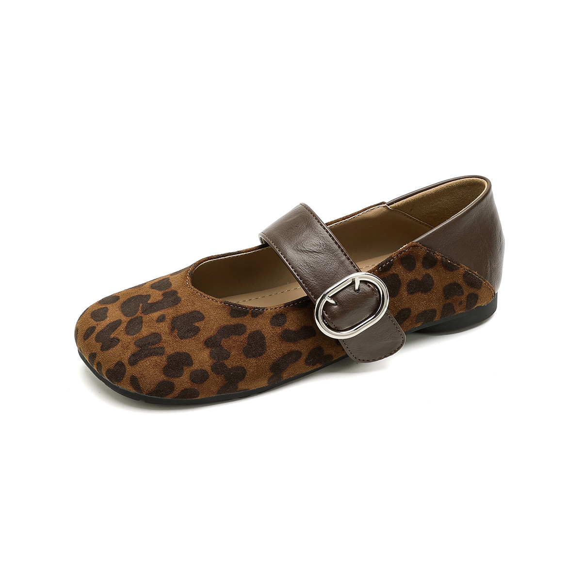 Weiwei Nvlang Women's Leopard Print Mary Jane Flats, Round Toe Buckle Strap Ballet Shoes