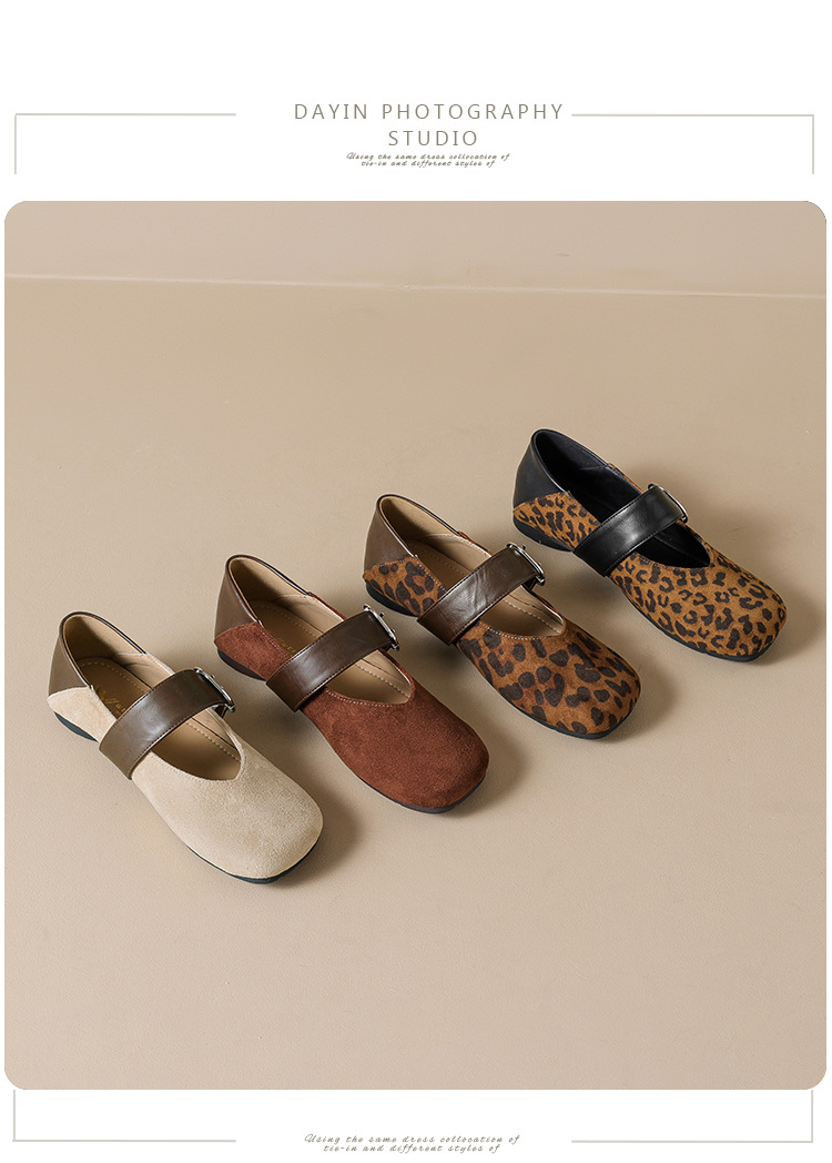 Weiwei Nvlang Women's Leopard Print Mary Jane Flats, Round Toe Buckle Strap Ballet Shoes