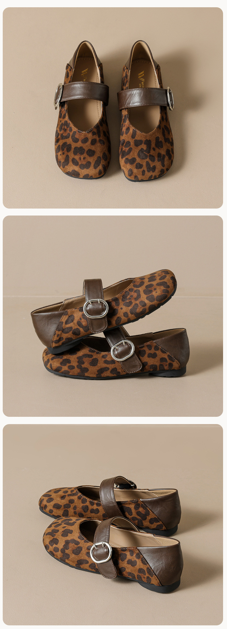 Weiwei Nvlang Women's Leopard Print Mary Jane Flats, Round Toe Buckle Strap Ballet Shoes