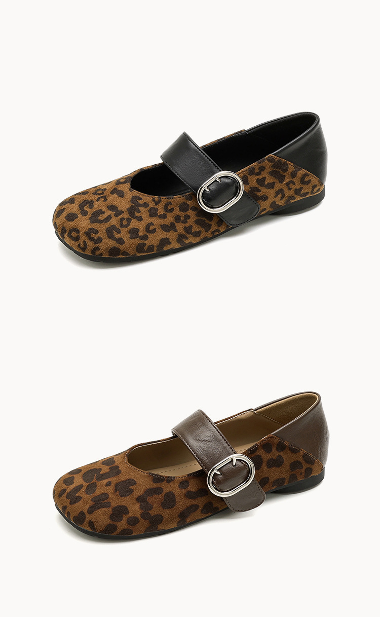 Weiwei Nvlang Women's Leopard Print Mary Jane Flats, Round Toe Buckle Strap Ballet Shoes