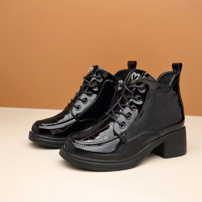 Women's Patent Leather Martin Boots, Round Toe Chunky Heel Lace-Up Ankle Boots with Side Zipper