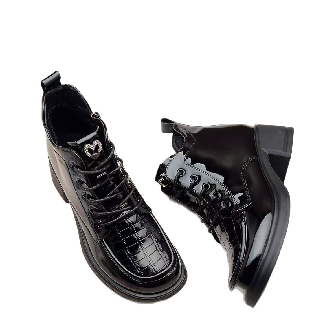Women's Patent Leather Martin Boots, Round Toe Chunky Heel Lace-Up Ankle Boots with Side Zipper