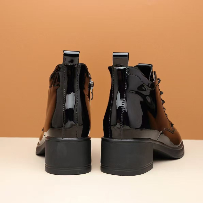 Women's Patent Leather Martin Boots, Round Toe Chunky Heel Lace-Up Ankle Boots with Side Zipper