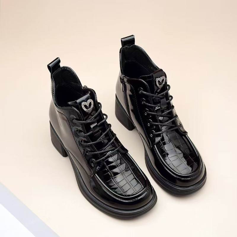 Women's Patent Leather Martin Boots, Round Toe Chunky Heel Lace-Up Ankle Boots with Side Zipper