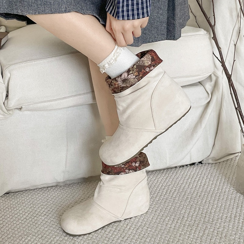 女性圆头蝴蝶结及膝靴，人造皮革厚底冬季靴