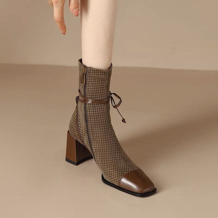 Women's Square Toe Block Heel Ankle Boots with Bow, Mid Heel Side Zip Fashion Boots for Fall Winter