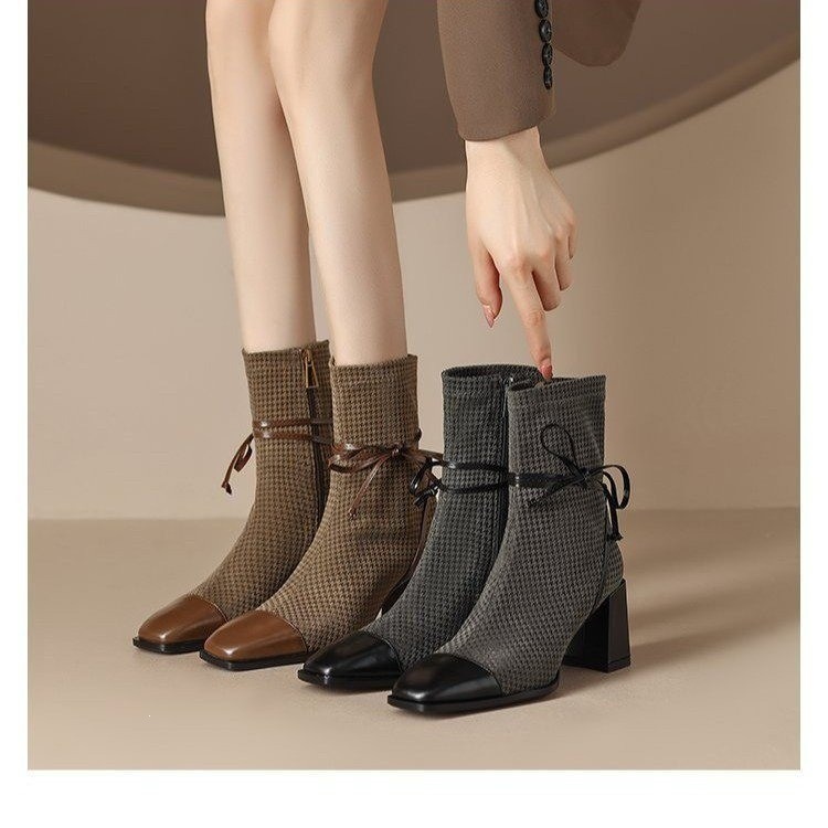 Women's Square Toe Block Heel Ankle Boots with Bow, Mid Heel Side Zip Fashion Boots for Fall Winter