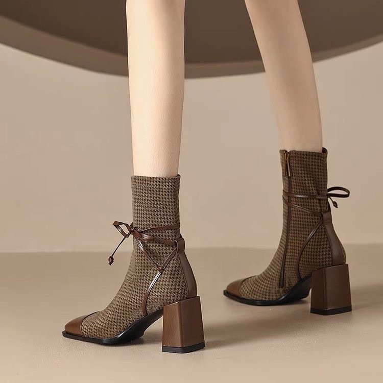 Women's Square Toe Block Heel Ankle Boots with Bow, Mid Heel Side Zip Fashion Boots for Fall Winter