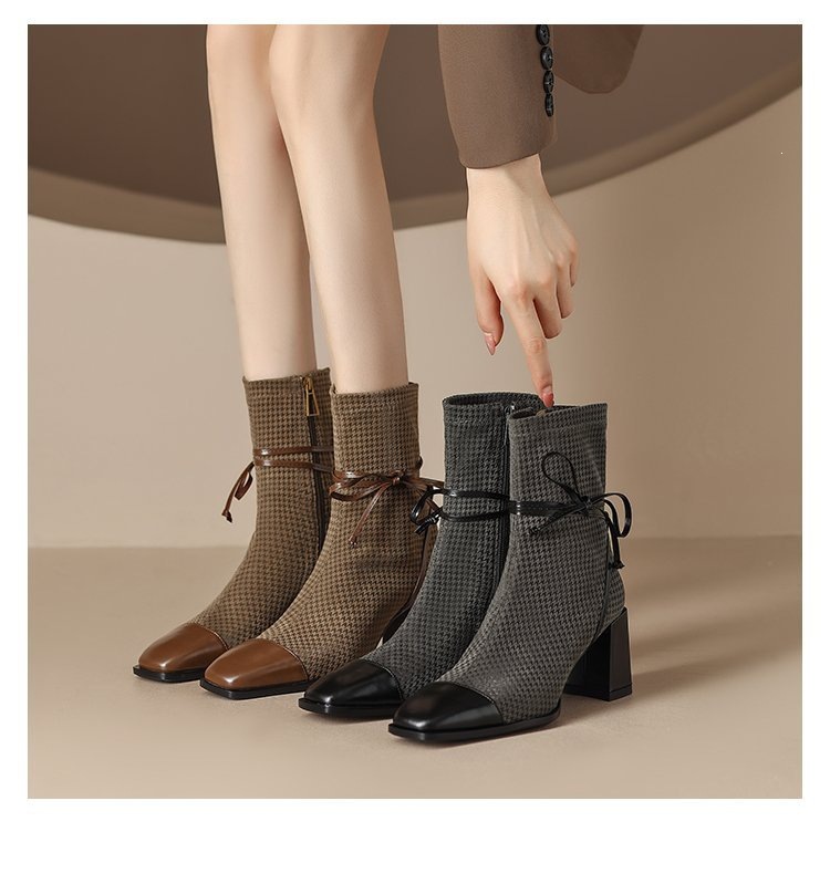 Women's Square Toe Block Heel Ankle Boots with Bow, Mid Heel Side Zip Fashion Boots for Fall Winter