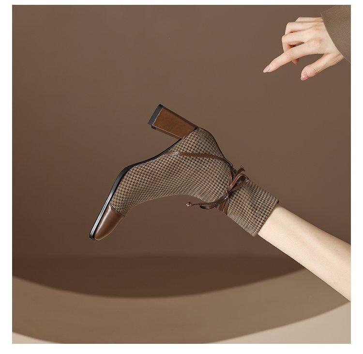 Women's Square Toe Block Heel Ankle Boots with Bow, Mid Heel Side Zip Fashion Boots for Fall Winter