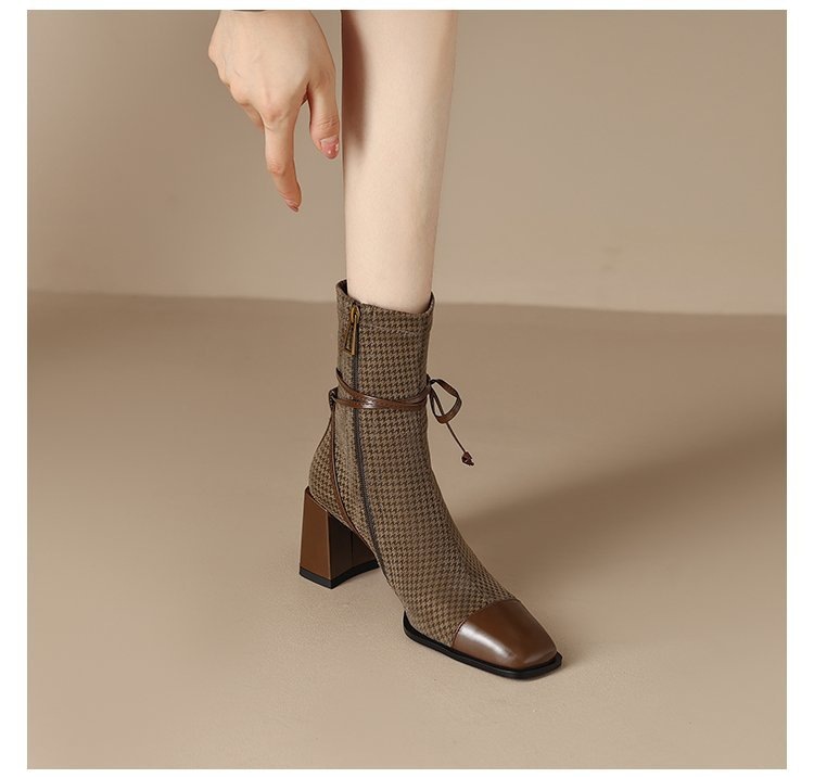 Women's Square Toe Block Heel Ankle Boots with Bow, Mid Heel Side Zip Fashion Boots for Fall Winter