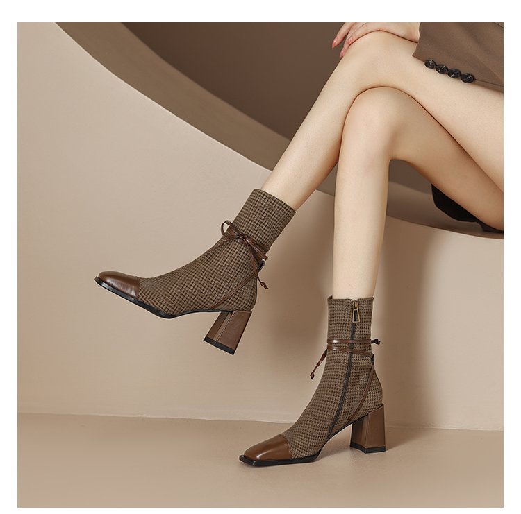 Women's Square Toe Block Heel Ankle Boots with Bow, Mid Heel Side Zip Fashion Boots for Fall Winter