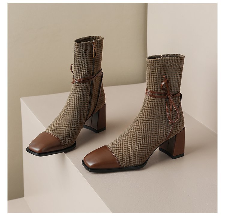 Women's Square Toe Block Heel Ankle Boots with Bow, Mid Heel Side Zip Fashion Boots for Fall Winter