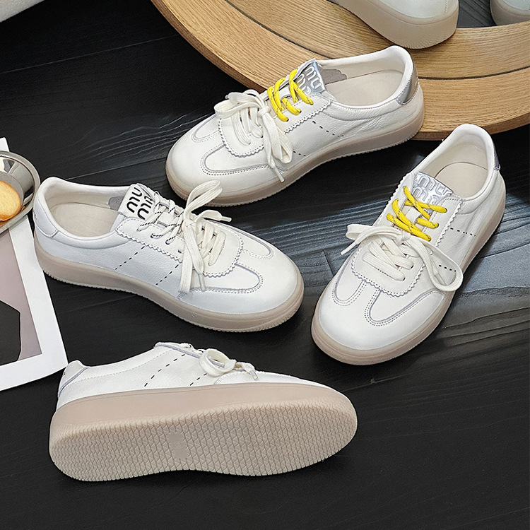 Women's Top Layer Cowhide White Sneakers, Soft Sole Casual Walking Shoes, Round Toe Lace-Up