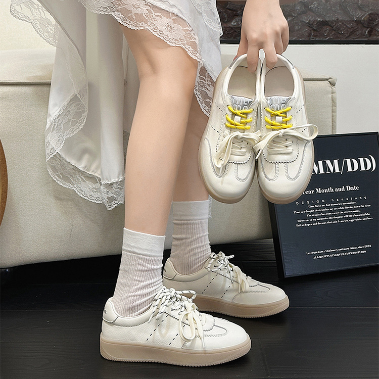 Women's Top Layer Cowhide White Sneakers, Soft Sole Casual Walking Shoes, Round Toe Lace-Up