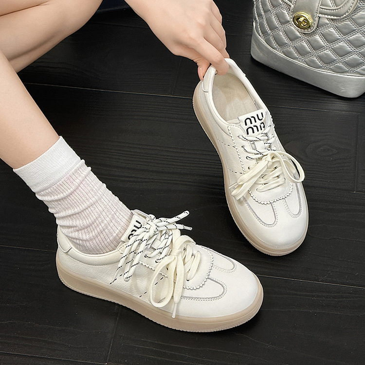 Women's Top Layer Cowhide White Sneakers, Soft Sole Casual Walking Shoes, Round Toe Lace-Up
