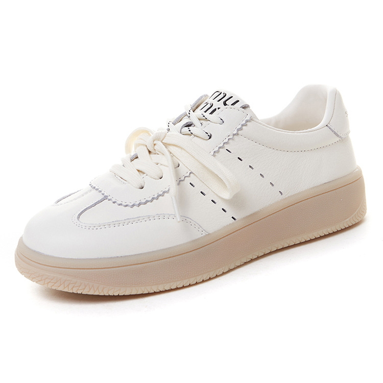 Women's Top Layer Cowhide White Sneakers, Soft Sole Casual Walking Shoes, Round Toe Lace-Up
