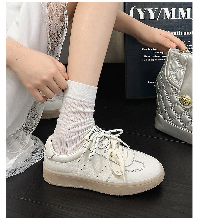 Women's Top Layer Cowhide White Sneakers, Soft Sole Casual Walking Shoes, Round Toe Lace-Up